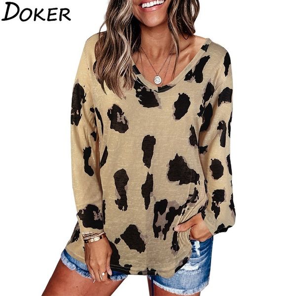 

autumn leopard print t shirt women clothes v-neck long sleeve plus size fashions loose t-shirt vintage casual tee shirt femme 201125, White