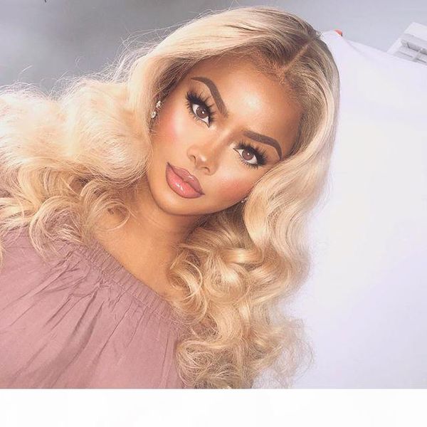 

180% density full lace human hair wigs ombre 613 two tone dark roots loose wave full lace wigs with baby hair, Black;brown