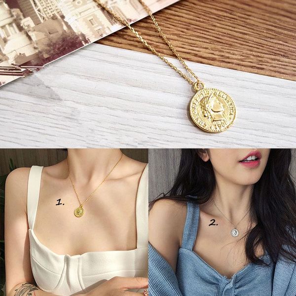 

Simply Small Round Pendant Necklace Fashion Vintage Portrait Coins Necklace for Women, Silver