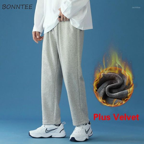 

men casual straight full-length sweatpants plus velvet elastic waist solid streetwear loose hip hop trousers bodybuilding simple1, Black