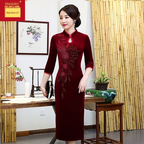 

весна 2020 новый высокий grad среднего возраста и старых людей cheongsam золото бархат средней длиной cheongsamdress cheongsamnail шарик che, Black;gray
