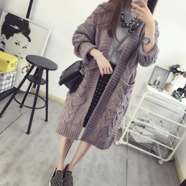 

kzsbo 2020 autumn and winter new korean women's linen pocket coat coat sweatersweater sweater knitted loose mid-length thick women&#039, White;black