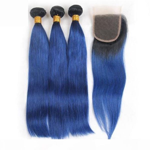 

virgin brazilian #1b blue ombre human hair weave bundles with 4x4 lace closure silky straight ombre blue 3 bundle deals with closure, Black