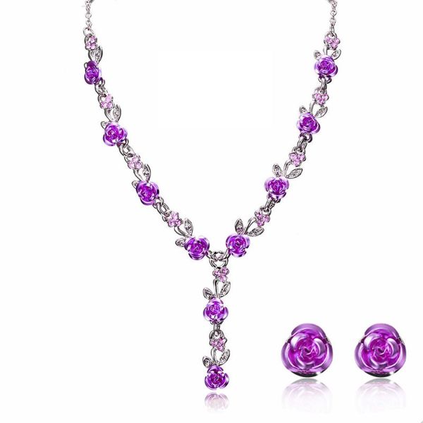 

rose flower necklace marriage rhinestone fashion necklace earring sets t4md, Silver