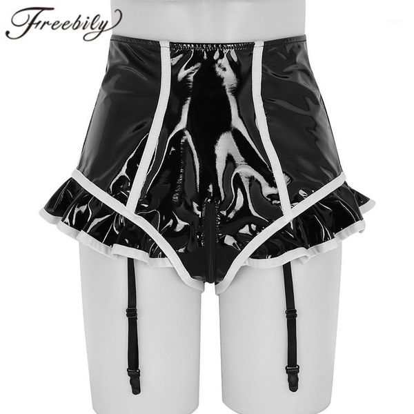 

women's panties women wetlook faux leather ruffled and lined zipper crotch high waist surspender with plastic garters for clubwear1, Black;pink