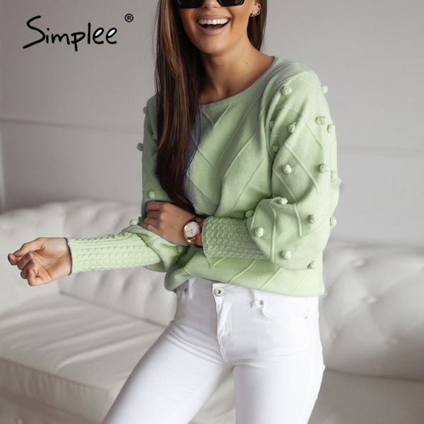 

simplee elegant fur pompon sweater autumn winter lantern sleeve knitted sweater female streetwear ladies green pullover 201031, White;black