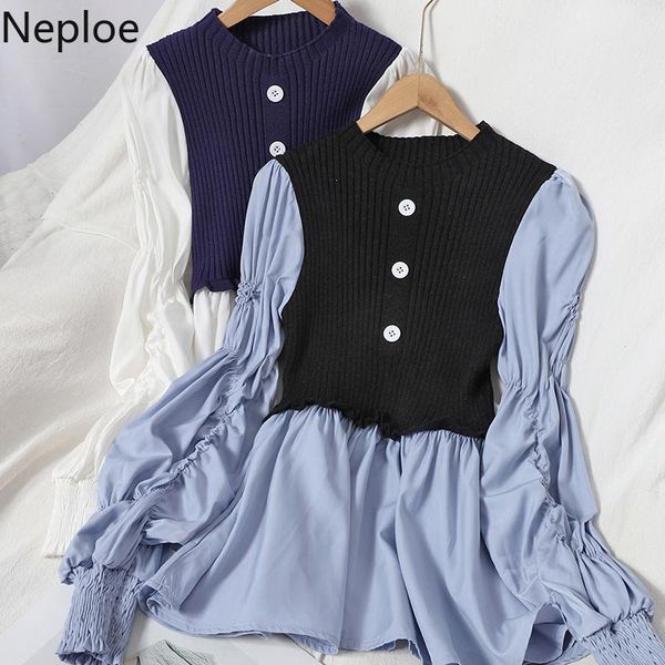 

women's blouses & shirts neploe blusas mujer de moda 2021 patchwork contrast color knit women pleated puff sleeve shirt pullovers femme, White