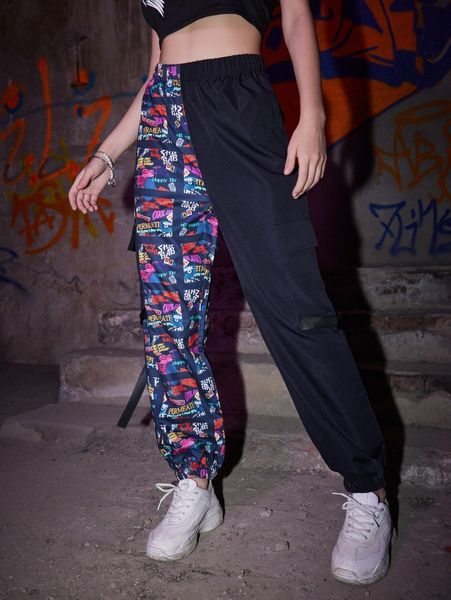 

romwe colorblock allover print pocket pants u7mr#, Black;white