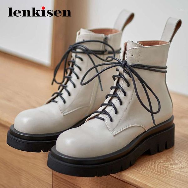 

lenkisen winter new boots real leather cross-tied waterproof round toe thick high heel zipper young lady shiny ankle boots l7f21, Black