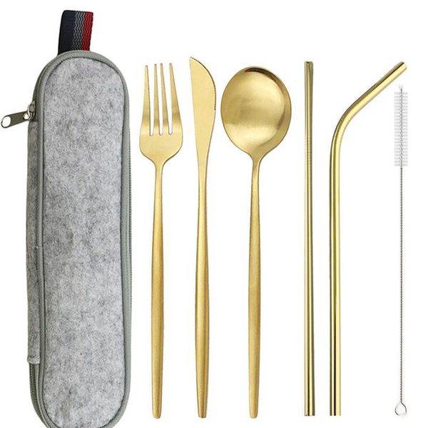 

7pcs gold dinnerware set stainless steeltravel camping cutlery set reusable silverware with metal straw spoon fork porta qylkaa