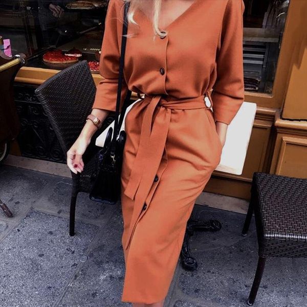 

long dress autumn spring elegant office ladies long sleeve clothes casual pure black sashes button up woman dresses 2020 fashion, Black;gray