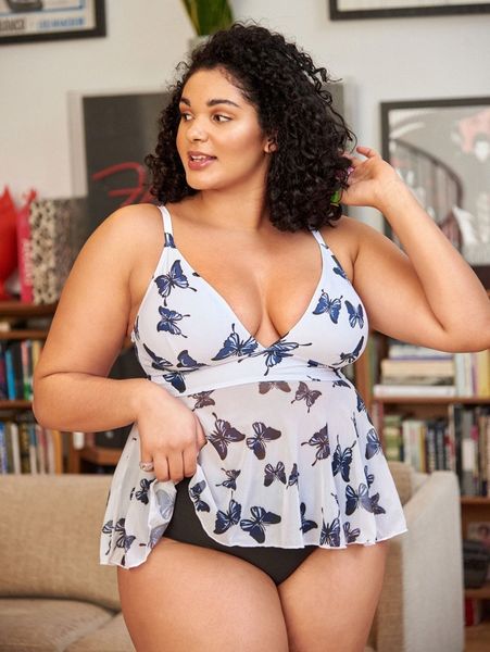 

plus butterfly print high waisted bikini swimsuit y5lg#, Black