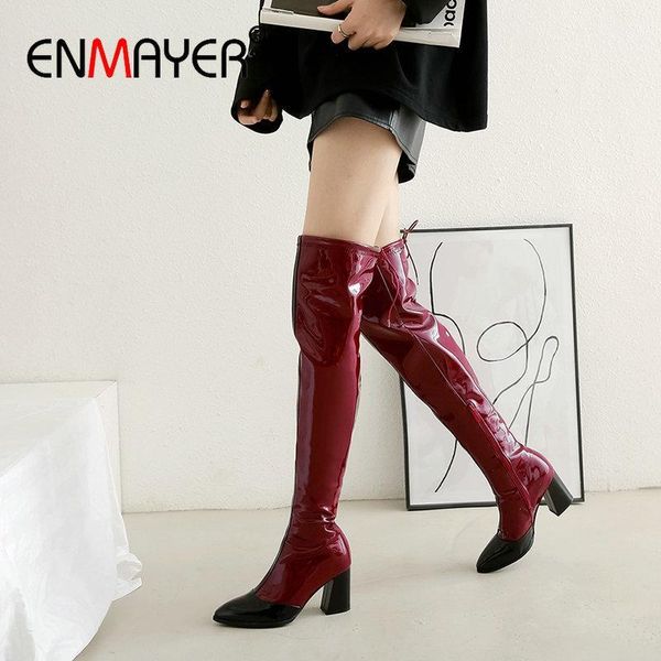 

enmayer 2020 new over the knee boots patent leather slip-on pointed toe winter boots women hoof heels shoes woman size 34-431, Black