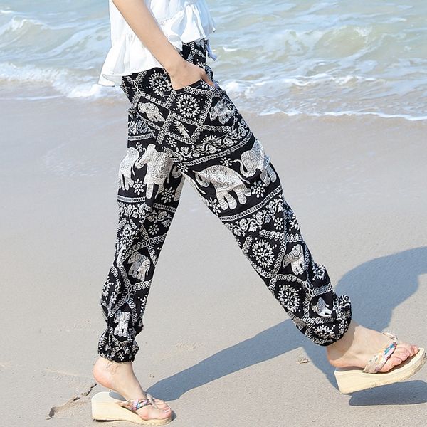 

2020 summer selling new boho printed cotton trousers loose pants elephant printing elastic hem waist with pockets 1020, Black;white