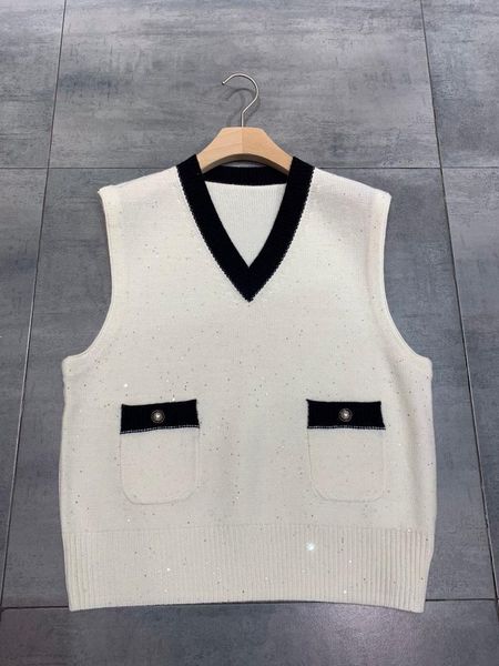 

2020 new ladies fashion sleeveless casual color contrast sequin waistcoat 1009, Black;white