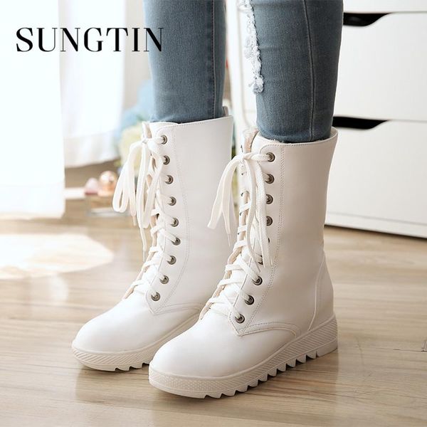 

sungtin women white short boots female lace-up flat riding plush warm winter platform mid-calf large size, Black