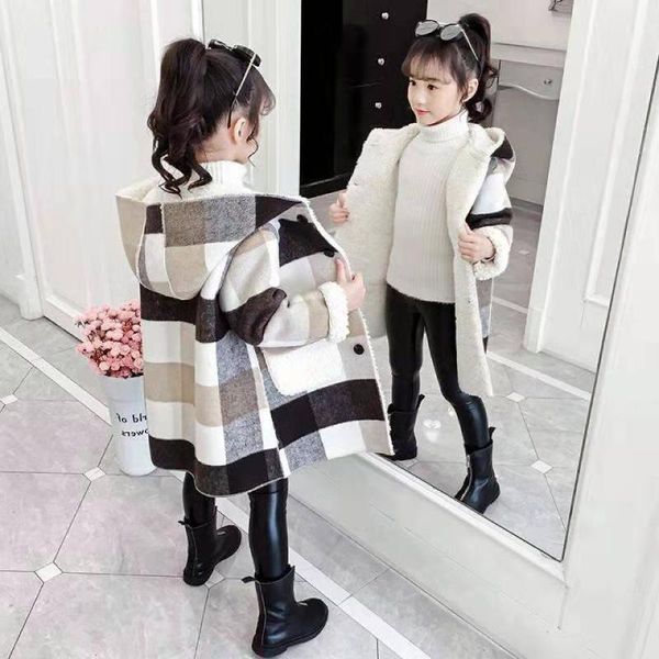 

jackets plus velvet thicken girls casual hooded outerwear winter woolen long coat children clothing cute baby, Blue;gray