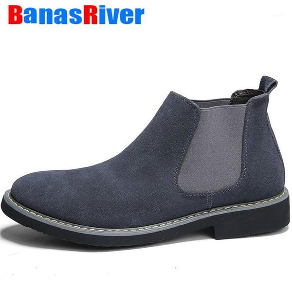 

new men ankle boots fashion cow suede leather quality slip ons motorcycle warm shoes sneakers outdoor big size 461, Black