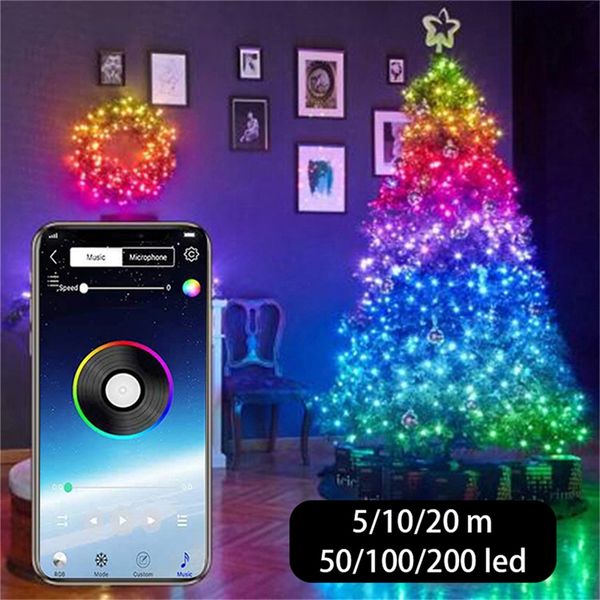 LED LED LED LUZ Bluetooth App Control Lâmpada Luzes de fadas ao ar livre à prova d'água para decoração de árvores de Natal