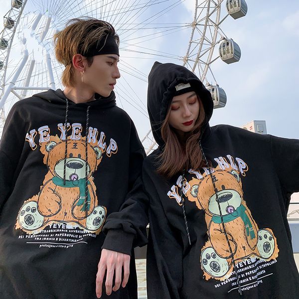 

china fashion small fan couple's green scarf bear printed hooded sweater fashion loose casual oversize shirt men, Black