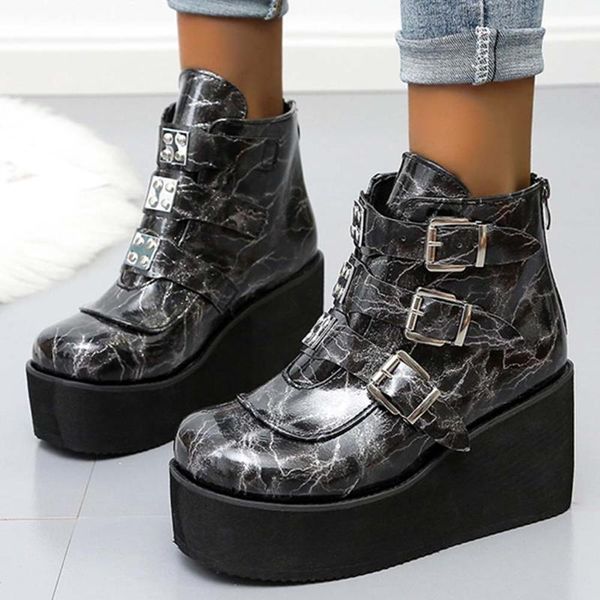 

ribetrini ladies punk wedges shoes fashion platform buckle ankle women boots 2020 thick bottom autumn boots, Black