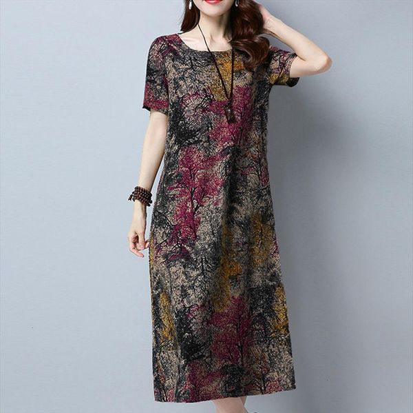 

women summer dress plus size fashion women short sleeve cotton linen dresses printed casual mid calf dresses py designer clothes, Black;gray