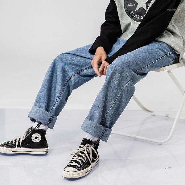 

men vintage fashion loose casual wide leg jeans trousers male japan korea high street hip hop denim pant1, Blue
