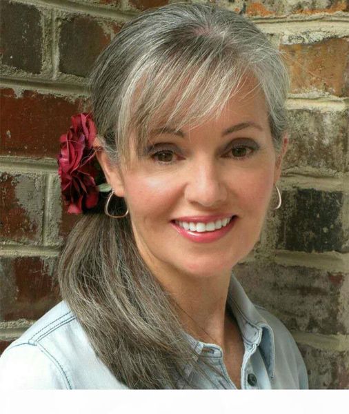 

sleek silver grey ponytail salt and pepper melted natural highlight salt and pepper human hair gray pony tail hair piece, Black