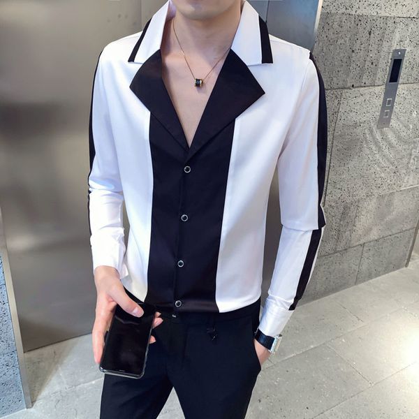 

2020 white tie black for men party luxury contrast wedding male social shirt v5zi, White;black