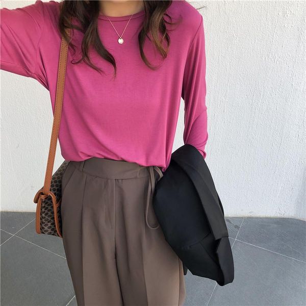 

2020 autumn solid color modal woman t-shirts korean new round neck long sleeve fashion basic t-shirt, White