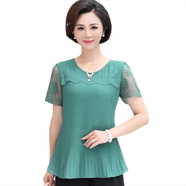 

кружева hollow с коротким рукавом блузки топы для женщин 2020 летний новый элегантный мать плюс размер 5xl шифон одежды v шеи пуловер, White