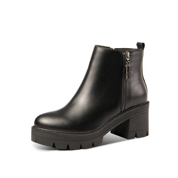 

2021 winter women ankle boots zipper genuine leather shoes woman working basic thick high heels platform boots, Black