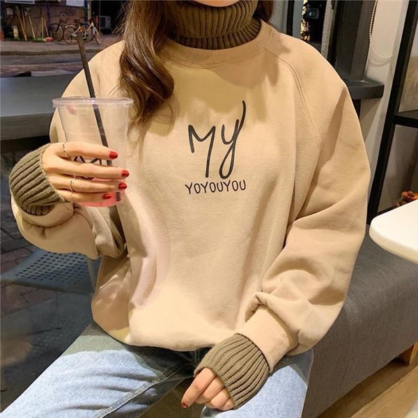 

autumn and winter pullover womens loose large size turtleneck letter printing plus velvet pullover female students casual, Black