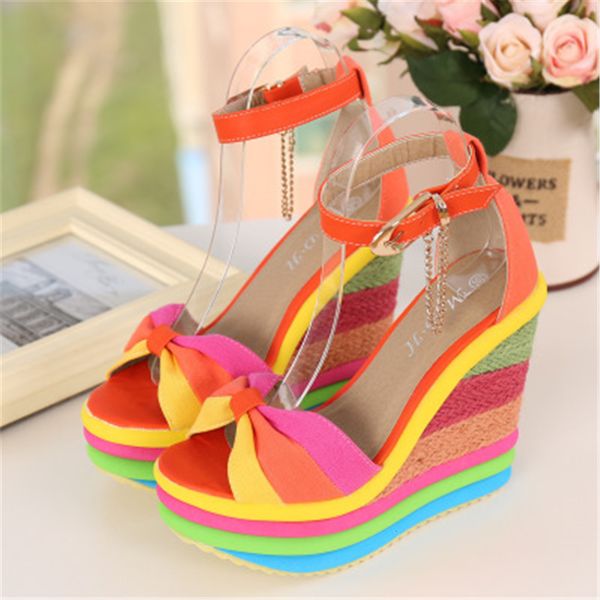 

summer 2021 new sandals rainbow-colored bowknot colors hemp women's bottom buckle ladies shoes eged, Black