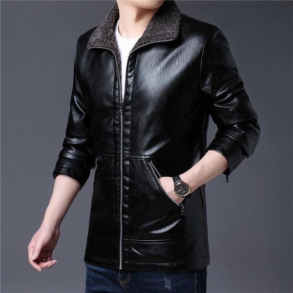 

new selling autumn winter jacket leather slim casual zipper pocket jacket slim handsome plus fur collar fleece coat, Black
