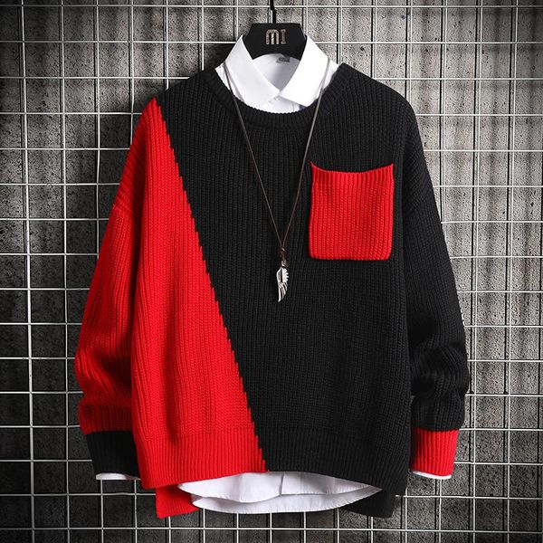 

original sweater men patchwork pocket o-neck casual sweaters 2021 autumn winter trendy knitwear fashion pullovers jumper men, White;black