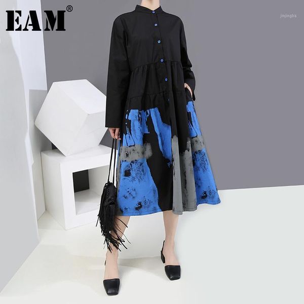 

eam] women black pattern printed long shirt dress new stand collar long sleeve loose fit fashion tide spring autumn 2020 1y9281, Black;gray