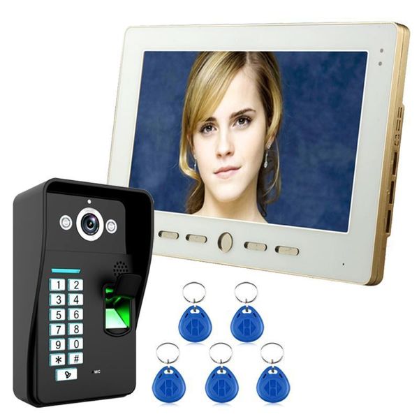 

10" lcd fingerprint recognition rfid password video door phone intercom system kit with ir camera 1000 tv line1