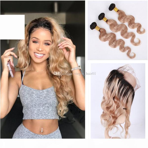 

two tone 1b 27 honey blonde ombre 360 full lace frontal with 3 bundles body wave strawberry blonde ombre brazilian human hair weaves, Black;brown