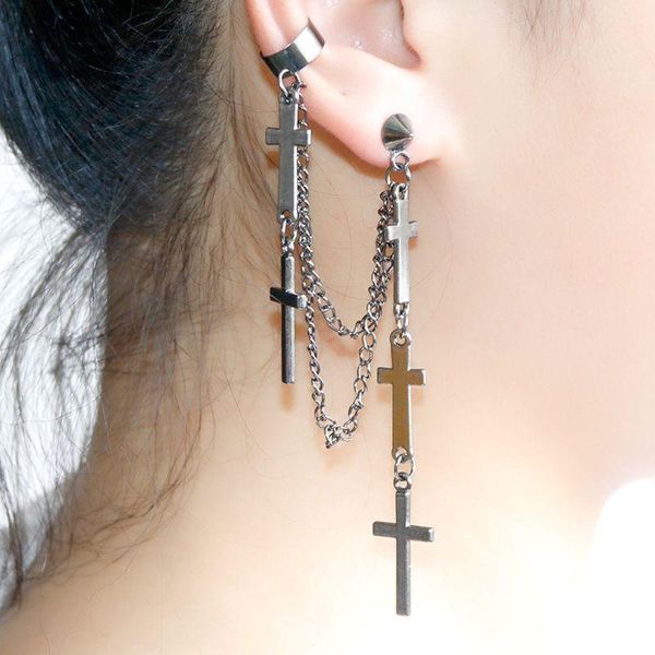 

gothic punk cross long tassel double chains ear cuff earrings fashion jewelry, Silver