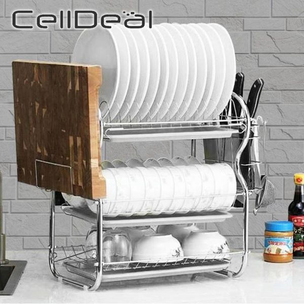 

stainless steel 3-layer kitchen dish drain rack dishwashing cup drying rack household space saving organization storage tools