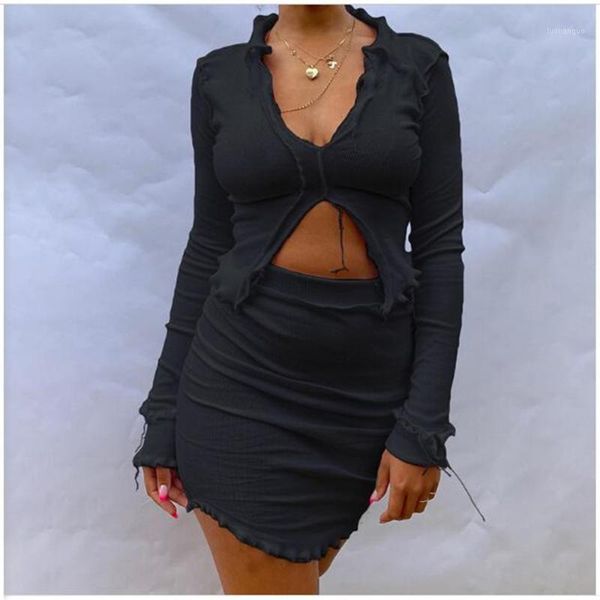 

autumn 2020 streetwear sweatsuits women lapel solid long sleeve t-shirt + package hip skirt casual suits black white sets1, Gray
