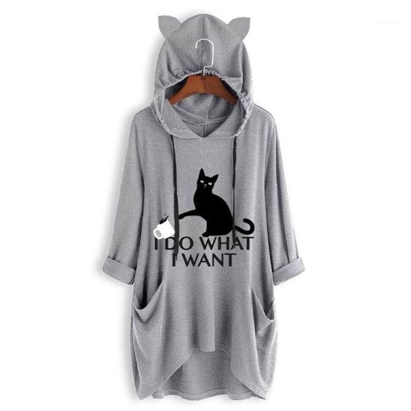 

plus size shirt women blouse casual print cat ear hooded long sleeves pocket irregular blouse shirt blusas mujer de moda #e1, White