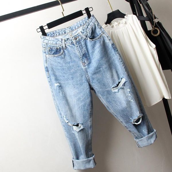 

2021 women summer fashion hole ripped denim jeans female loose vintage high waist plus size 5xl ankle-length harem pants jeans, Blue
