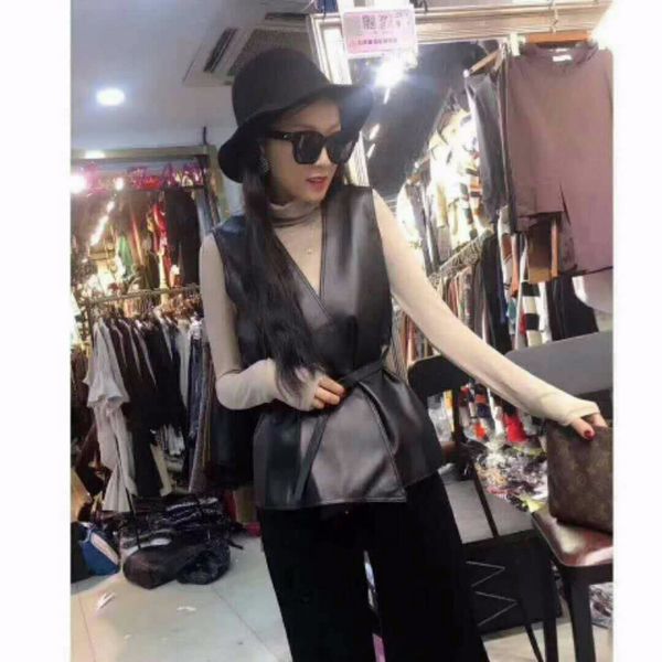 

new 2021 spring female release black apricot plutonium leather temperament vest sleeveless v-collar fashion y188 ch2f f5g0