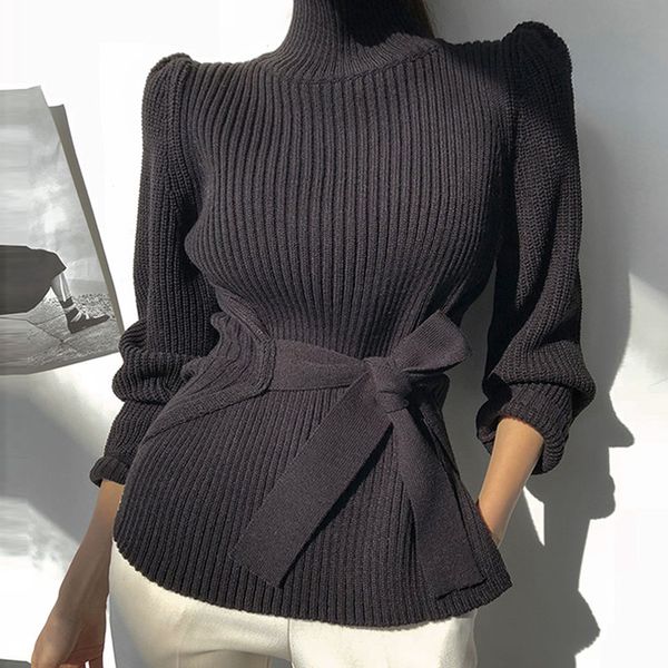 

2021 new fancy-looking female turtleneck solid puff lace sleeves up to split knitting sweaters lady in the office stylish leotard 12qv, White;black