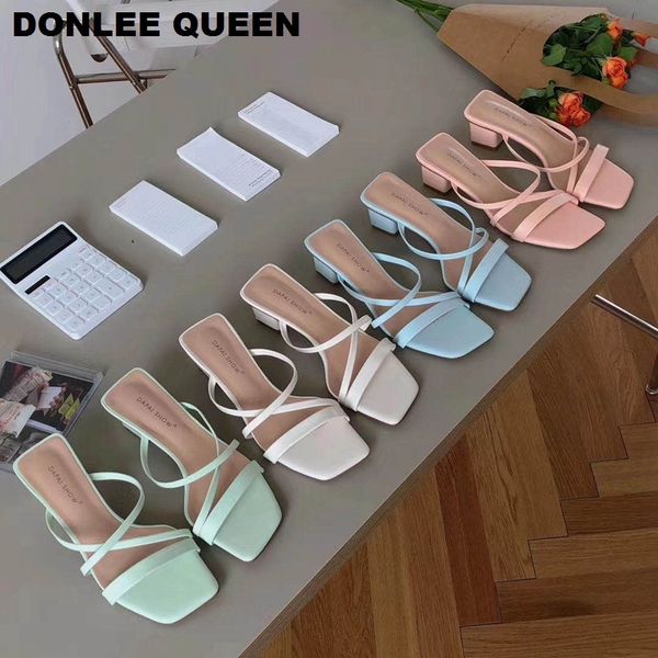 

2020 summer sandals women low heel slippers slip on slides square heels slipper brand narrow brand sandal big size 41 flip flops x1020, Black