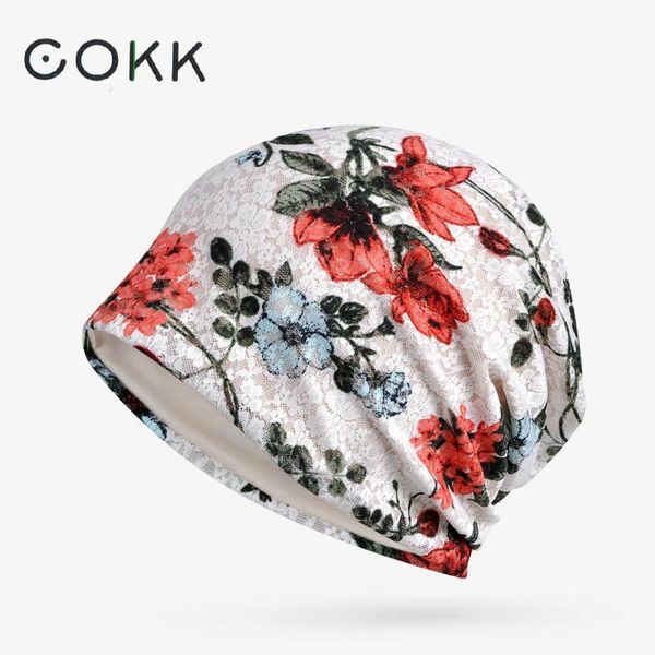 

cokk 2020 new autumn summer hats for women lace flower printed hollow thin beanie headwrap hat cap female cotton gorros headgear swy sqcooe, Blue;gray