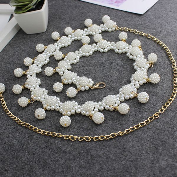 

20women pearl thin waistband lady elegant imitation alloy gold chain belts dress decorative waist strap beaded hook waist chains, Black;brown