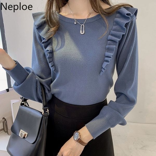 

neploe autumn ruffles sweater women sweet long sleeve slim winter knit pullover o-neck casual jumper knitwear 55298 201109, White;black